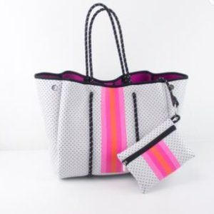 White Neoprene tote with Pink Stripes  ** Price NOT Negotiable**